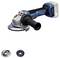 Bosch cordless angle grinder with blue casing, black handles and a mounted cutting disc. Accessories displayed underneath.