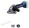 Battery-powered angle grinder with a blue casing and black-grey handle. Accessories: Tension spanner and two grinding disc attachments.