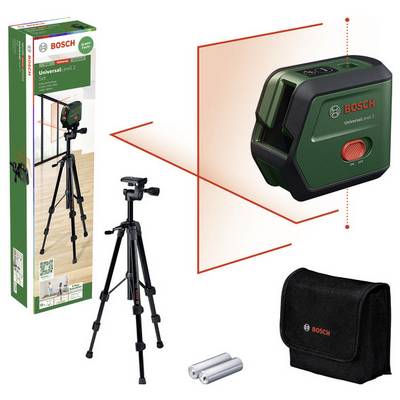 Bosch laser spirit level with tripod and accessory set. The device projects red lines for precise alignment and levelling.