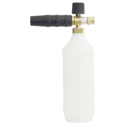 Spray bottle with black spray nozzle and brass fitting, standing upright.