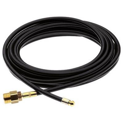 'Black hose with brass fittings at both ends, coiled, suitable for connection to compressed air systems.'