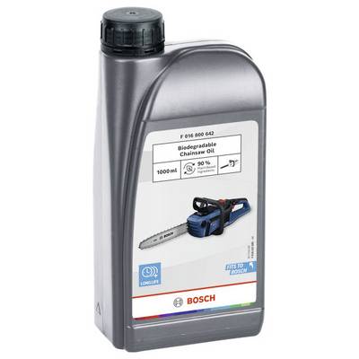 Bosch Chain Saw Oil Container, 1000 ml, biodegradable with 90% less environmental impact, with an illustration of a chainsaw.