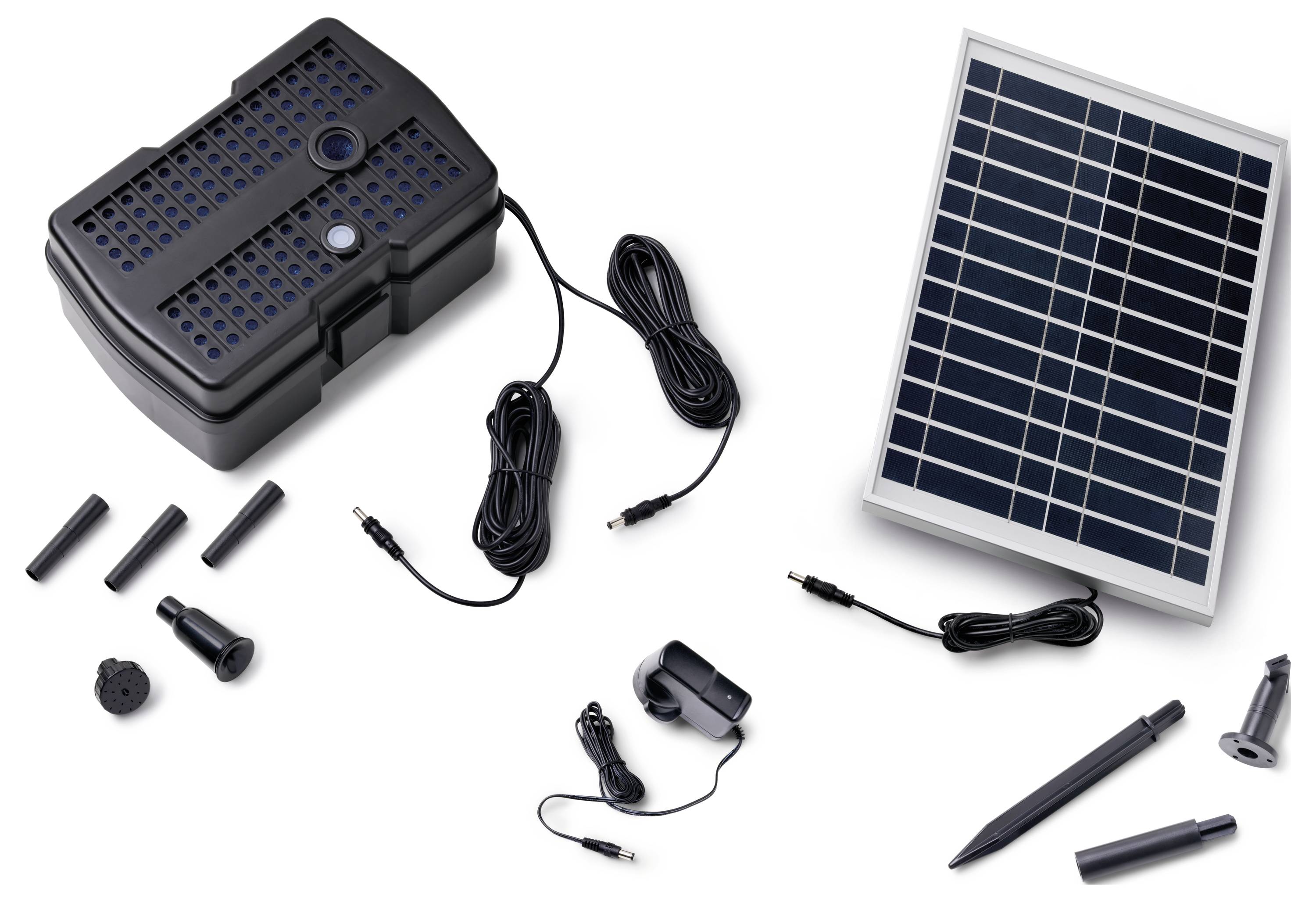 Solar water pump kit with a solar panel, pump, cables, connectors, and nozzle attachments, designed for outdoor water features.