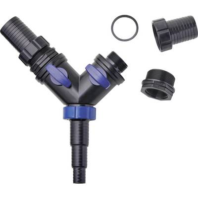'Y-shaped plastic hose connector with two blue valves'