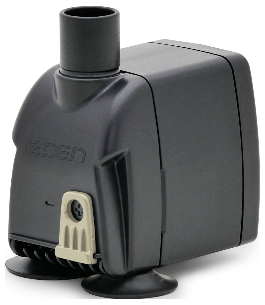 A compact black water pump with a cylindrical outlet and suction cups at the base.