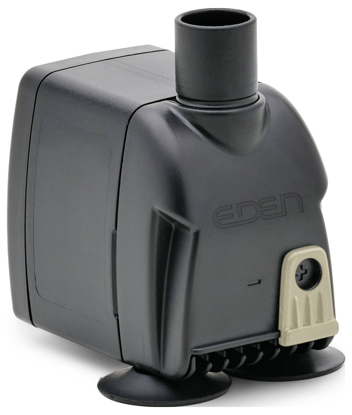 A black water pump with the brand name 'EDEN' embossed on its front. It includes a control dial and suction cups at the base for stability.