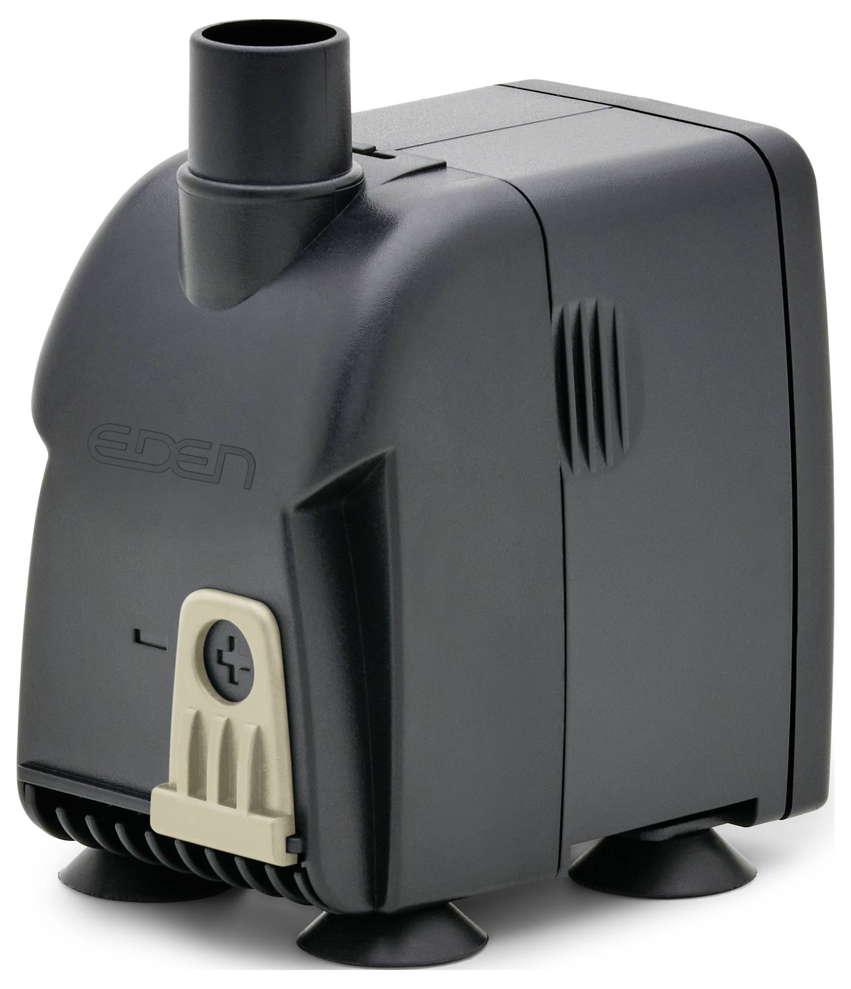A small black and beige water pump with a cylindrical outlet on top, designed for aquariums or small water features, with 'Eden' logo embossed.