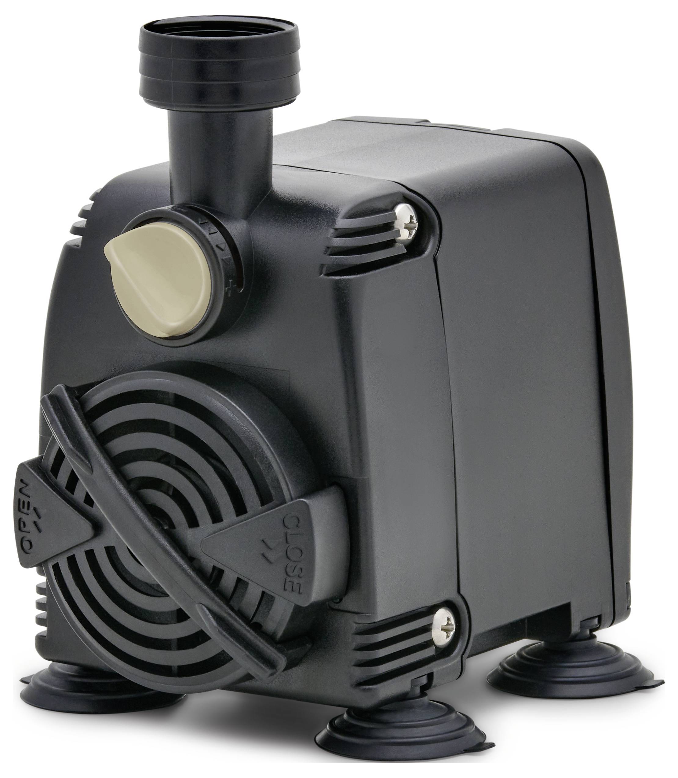 A compact black water pump with a circular front dial and four suction cup feet for stability. The top has a short, vertical outlet.