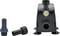 A black water pump with four suction cups and two pipe fittings displayed separately on the left side against a white background.