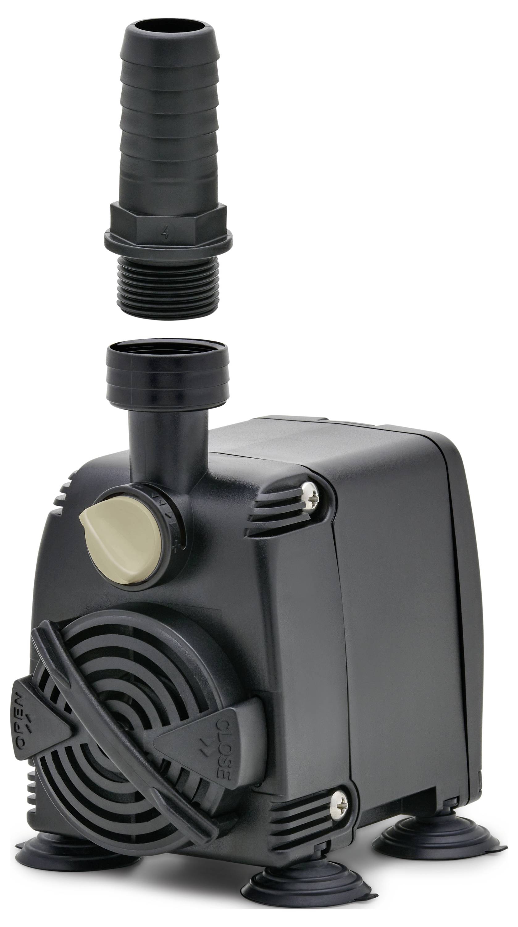 A black water pump with a removable nozzle attachment, featuring suction cups at the base for stability and an adjustable flow dial on the side.