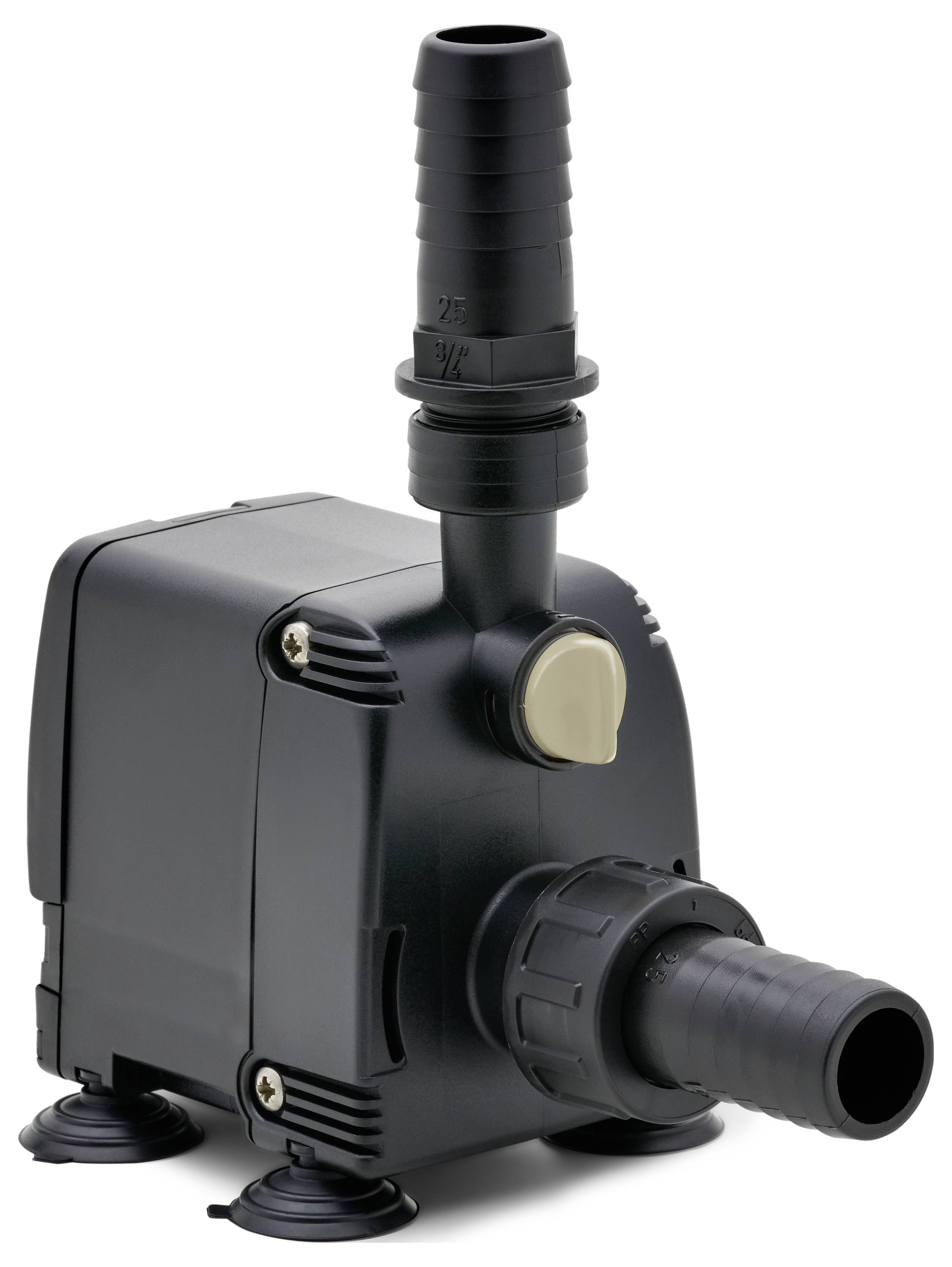 A compact black water pump with two hose connections, sitting on four small suction cups, designed for aquarium or fountain use.