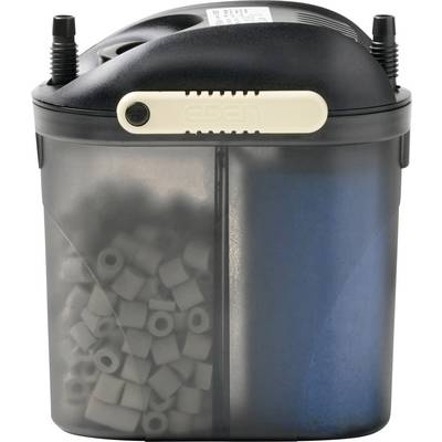 A canister filter with a transparent casing, showing white filter media and a blue sponge inside, used for aquarium filtration.