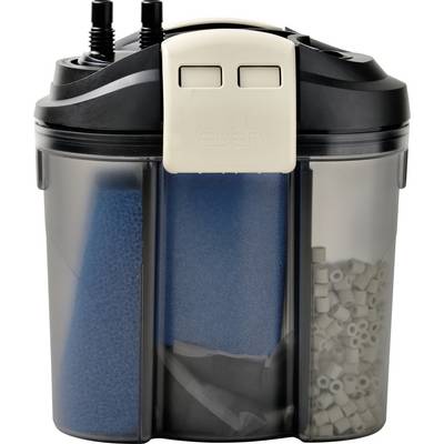 'Aquarium filter with blue sponge and porous white media inside transparent casing, featuring two black tubes and a cream-colored clasp.'