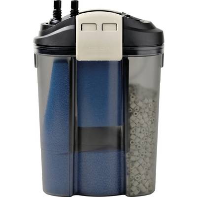 An aquarium filter with blue foam and ceramic media inside a transparent casing, featuring a gray top with two hose connectors.