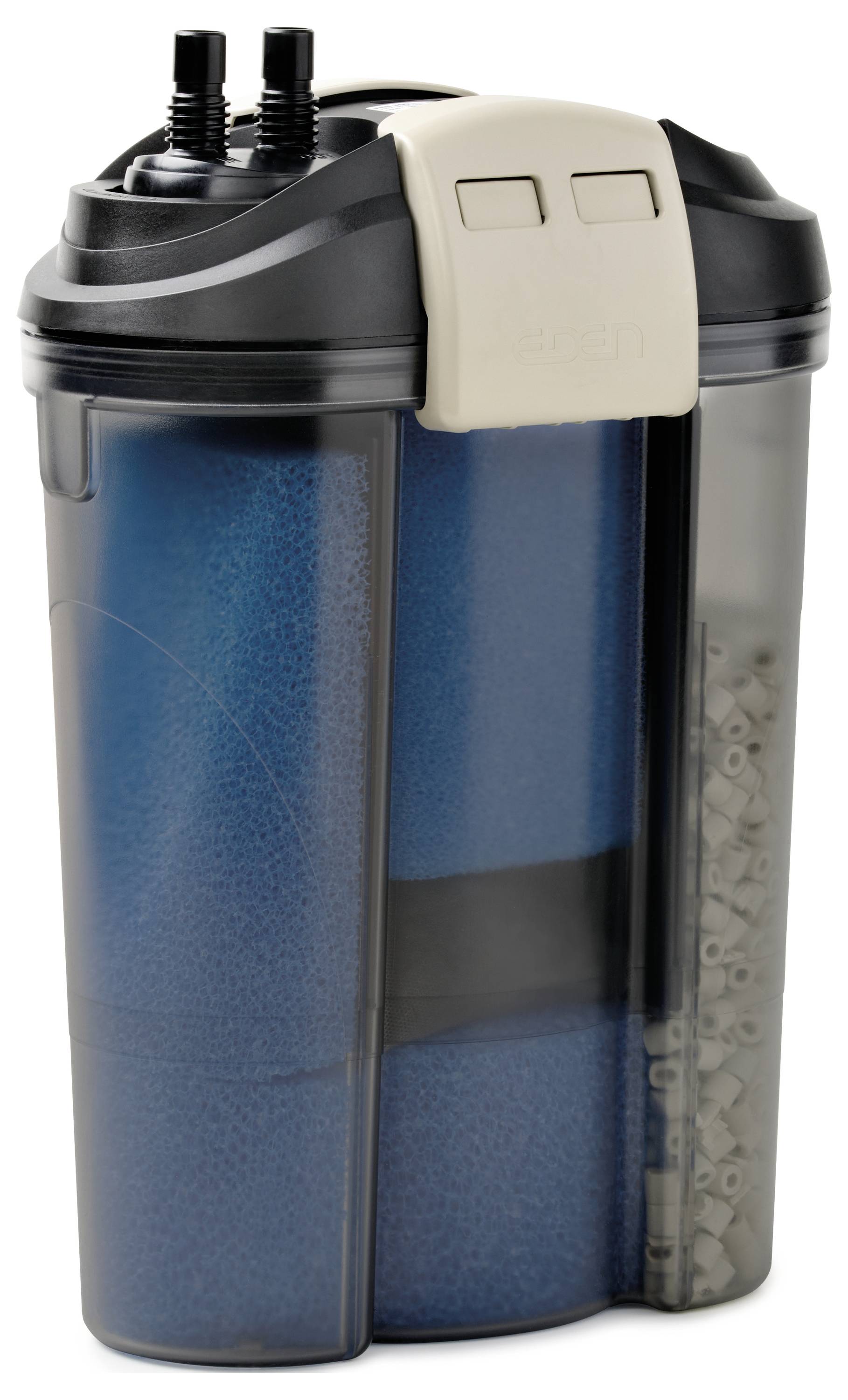 A black and blue aquarium filter with multiple compartments and tubes on top for water flow.