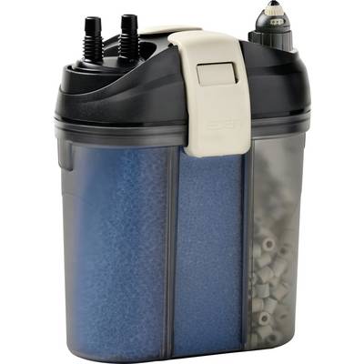 'Aquarium filter with transparent casing showing blue sponge and ceramic rings inside, designed for efficient water filtration.'