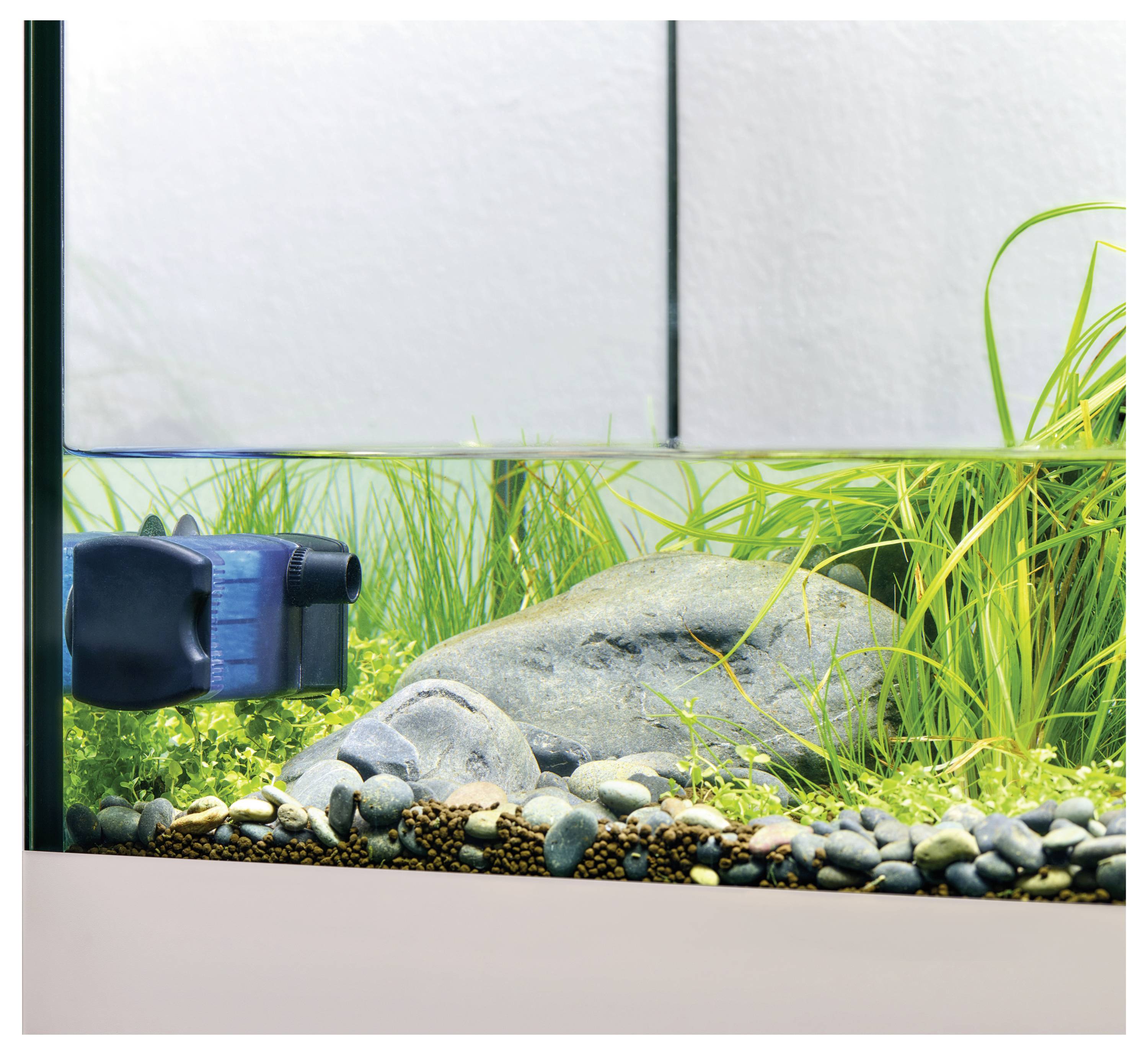 A fish tank with a filter, plants, rocks, and small pebbles at the bottom, set against a light-colored background.