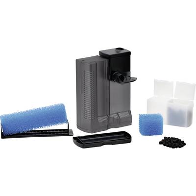 Aquarium filter system with black case, blue sponge, and multiple attachments, including a black rotor and white container for filtration.