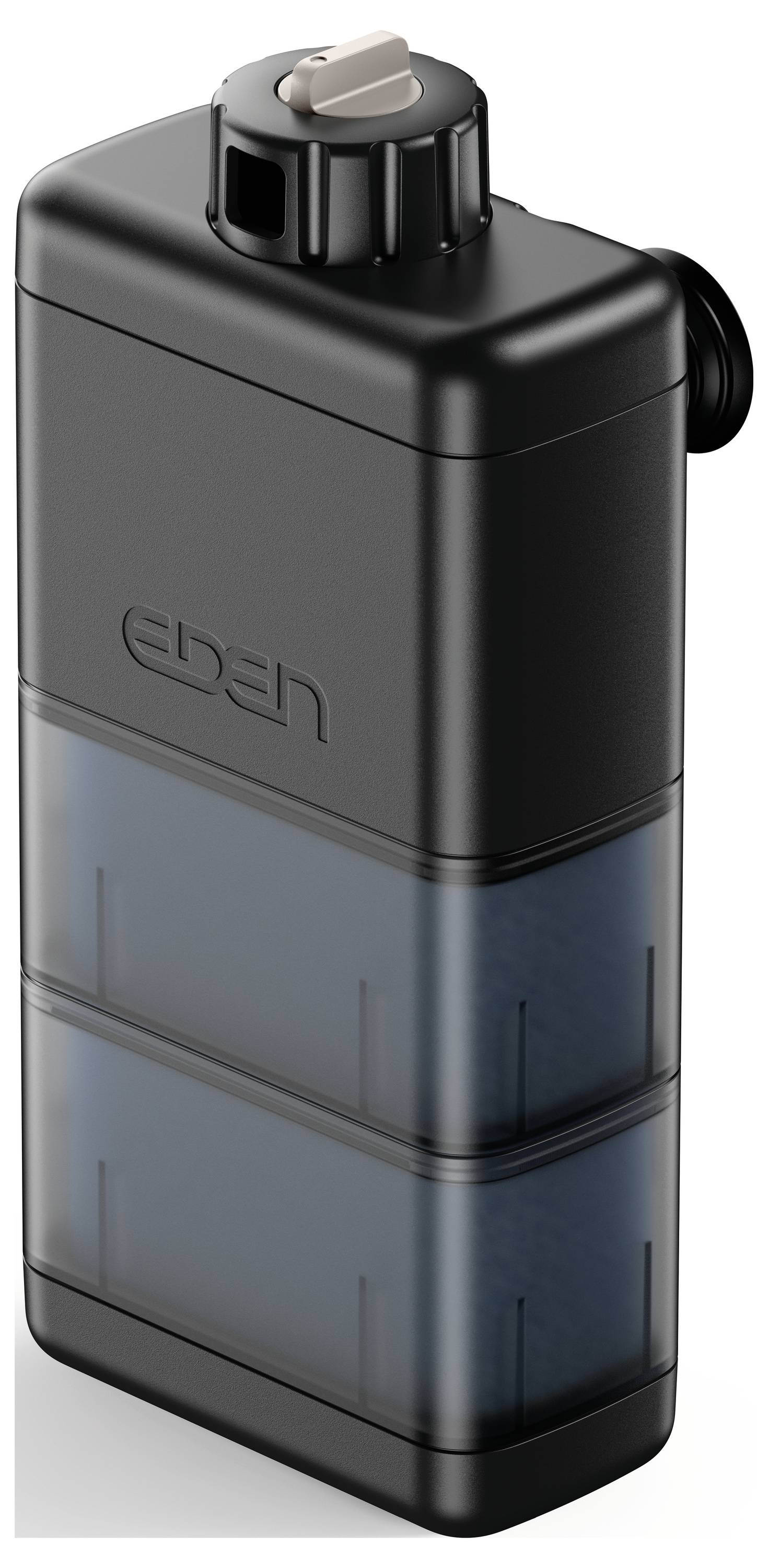 A black and blue rectangular water filter cartridge with a cap on top, designed for water filtration systems. The brand name 'eden' is embossed.