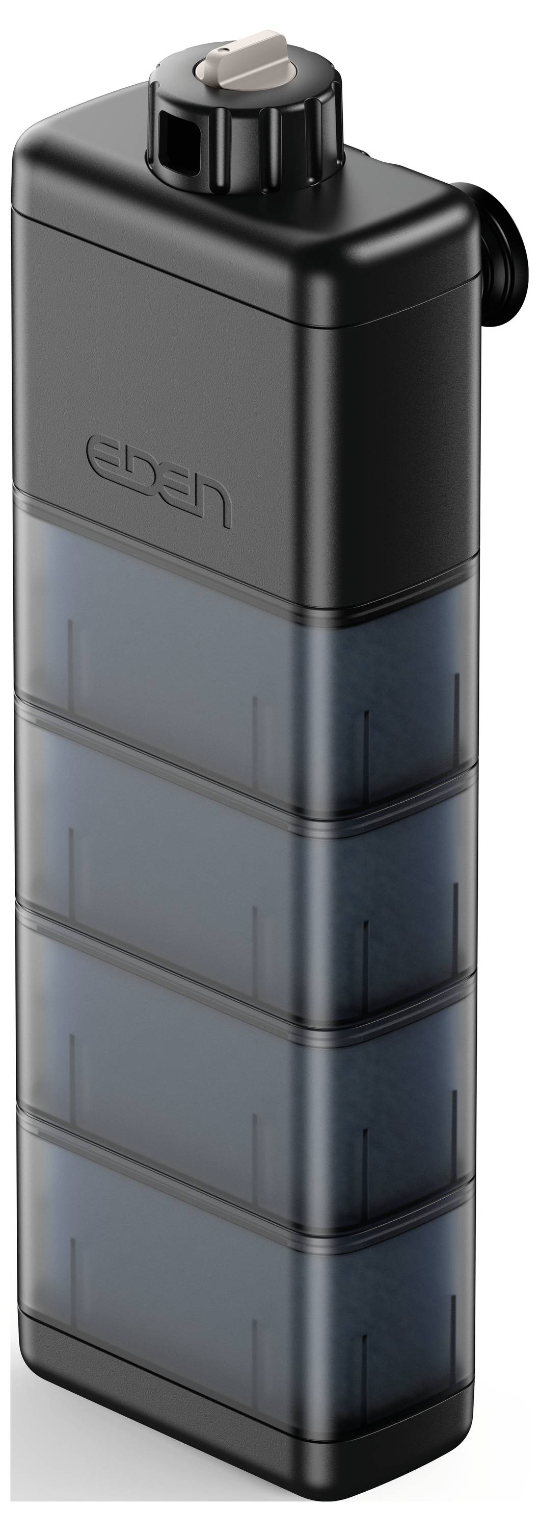 A sleek, rectangular black and gray water bottle with a secure lid and the word 'eden' embossed on the upper section.