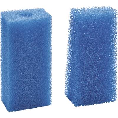 'Two blue rectangular foam sponges, one with a textured surface and the other with a smooth indentation on top.'