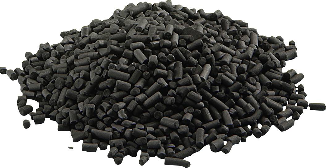 A pile of cylindrical activated charcoal pellets, black in color, used for filtration and purification purposes.