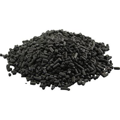 A pile of cylindrical activated charcoal pellets, black in color, used for filtration and purification purposes.