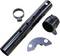 'Floor tool kit for vacuum cleaner, includes black metal tube with holes, circular clamp, black plastic connector, and semicircular metal piece.'