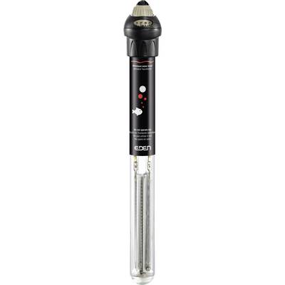 'Aquarium heater with adjustable temperature control, black casing, labeled Eden 425. Features red graphics and instructions on the body.'