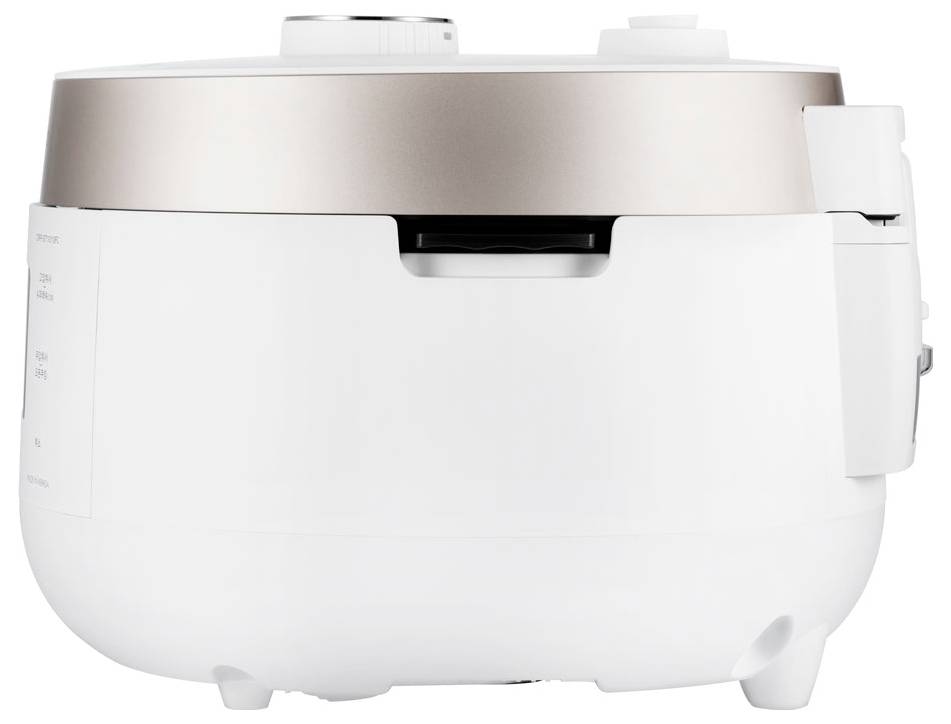 A modern, white-gold electronic cooker with multiple control elements, viewed from the side. Suitable for the kitchen.