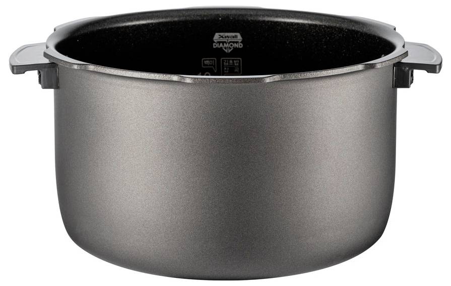 A large, dark grey cooking pot with two side handles, suitable for preparing large meals.