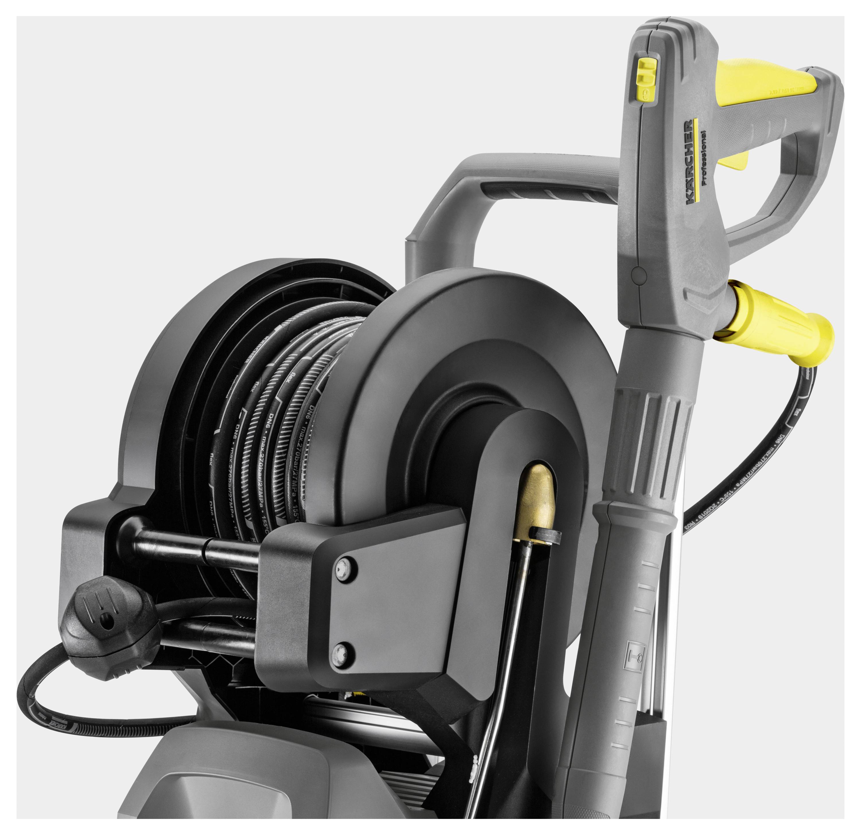 High-pressure washer with integrated cable reel and yellow accents.