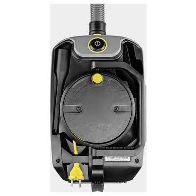 Vacuum cleaner from above, with cable winding and yellow plug, black and grey design, central round element and yellow accents.