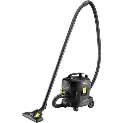 A black, compact industrial vacuum cleaner with a long hose and yellow details on a white background.
