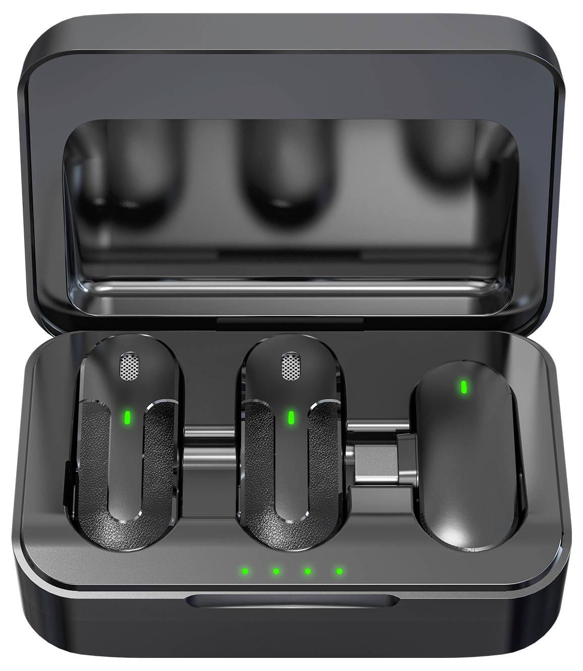 Black charging case with three wireless earbuds, green LED indicators show the charging status.