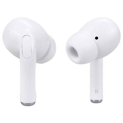 Two white, wireless earbuds shown from the side and slightly from behind.