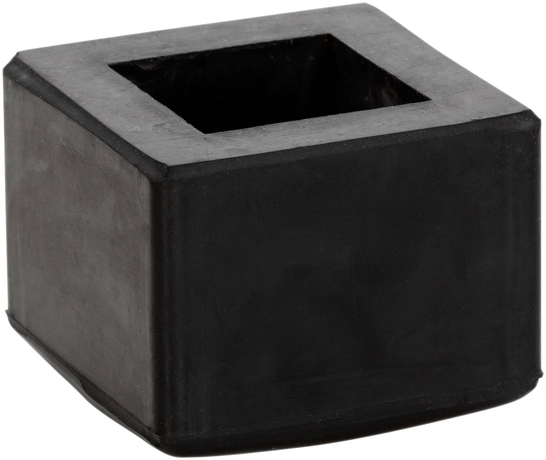 A black, square rubber buffer with an inner, square recess. Used for dampening or as a protective cover.