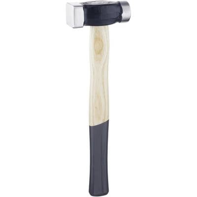 A heavy hammer with a metallic head and a wooden handle, which is black-painted at the lower end.