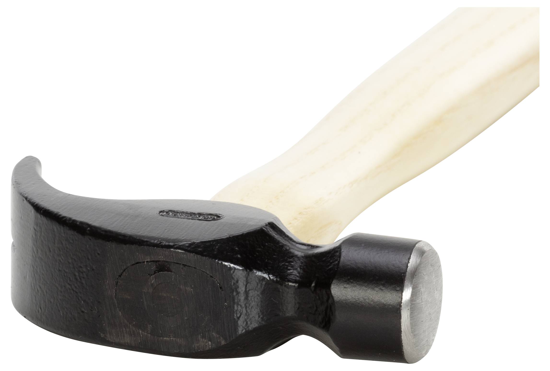 Black hammer with curved claw and light wooden handle. Ideal for driving or removing nails.