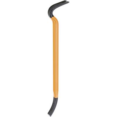 Metal crowbars with orange handles, both ends curved and flattened, used for levering objects.