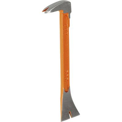 An orange crowbar with a flat blade on one side and a hammer surface on the other.