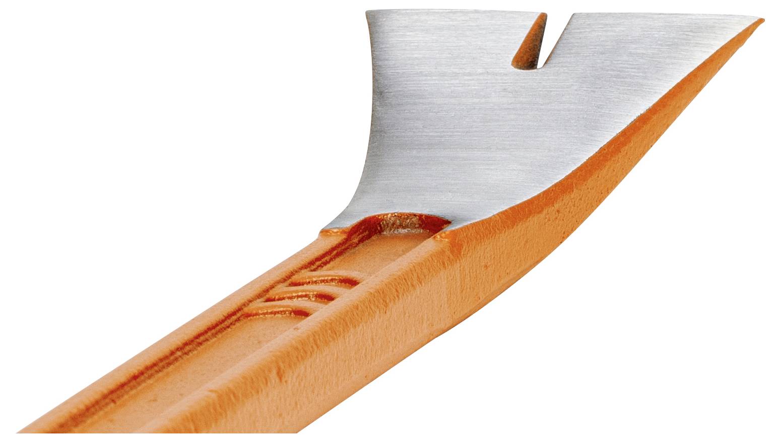 A metallic orange crowbar with an angled end and nail puller at the tip. Ideal for removing nails and levering.