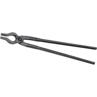 A black blacksmith's tongs with long handles and rounded jaws, used for gripping and holding hot metal pieces during forging.