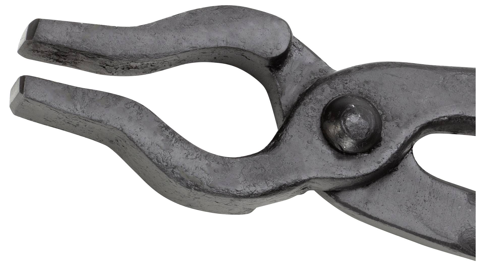 Metal pliers with curved gripping jaws, open. Tool for various applications, robust and dark grey.