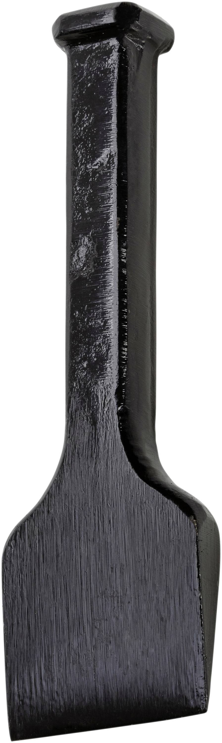 Black metal chisel with a rectangular blade and long handle, used for carving or working with wood and stone.
