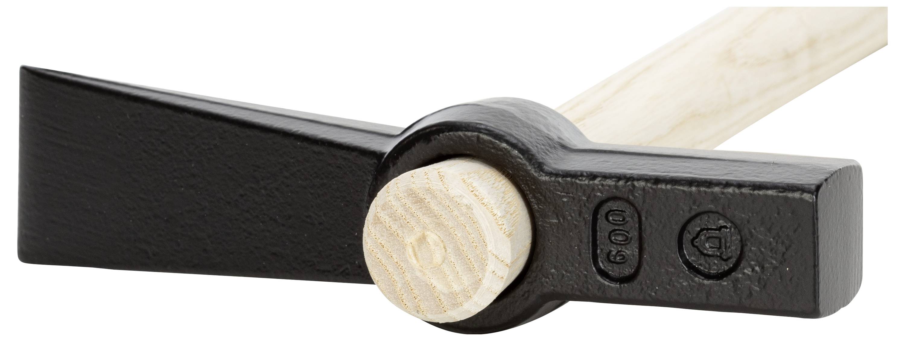 A pointed hammer with a black metal head and a long wooden handle. The head features a flat and a pointed side.