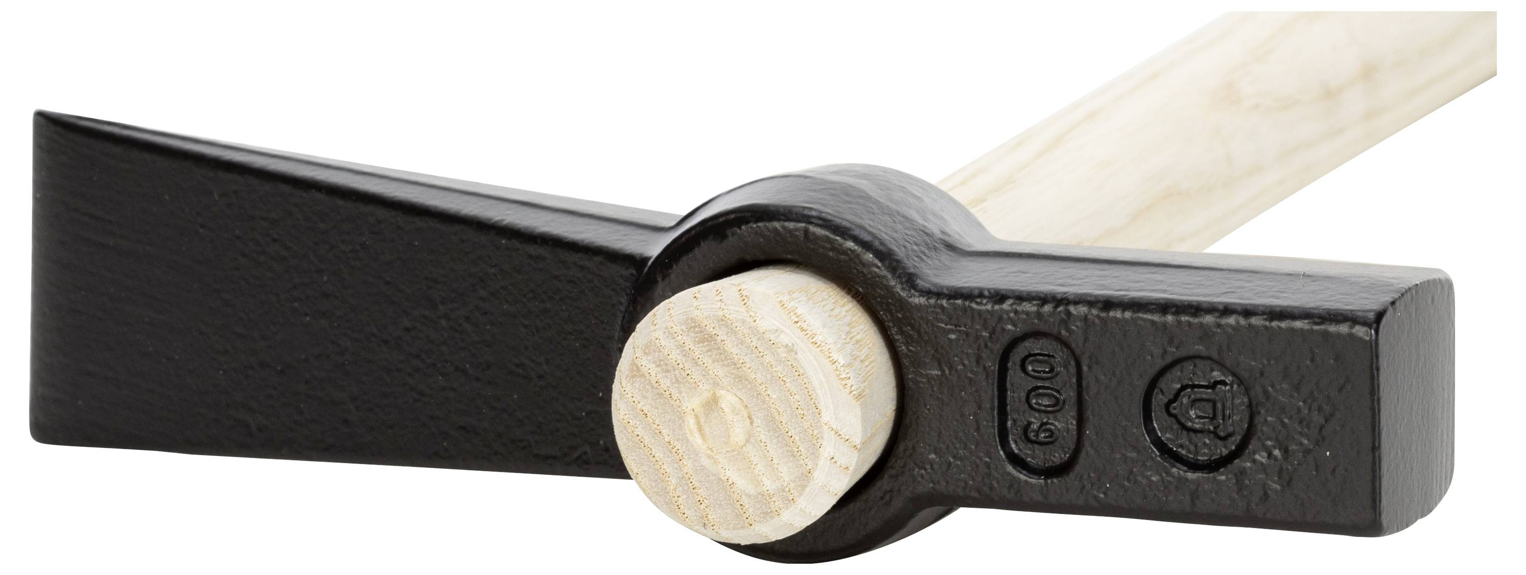 A black hammer with a wooden handle. The head has a sharp, flat side and a tapered side for precise work.