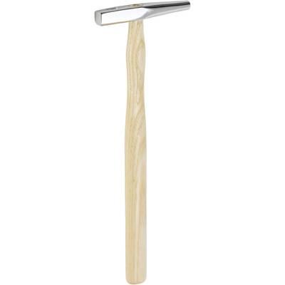 A hammer with a wooden handle and a metallic head, slightly tilted to the left.