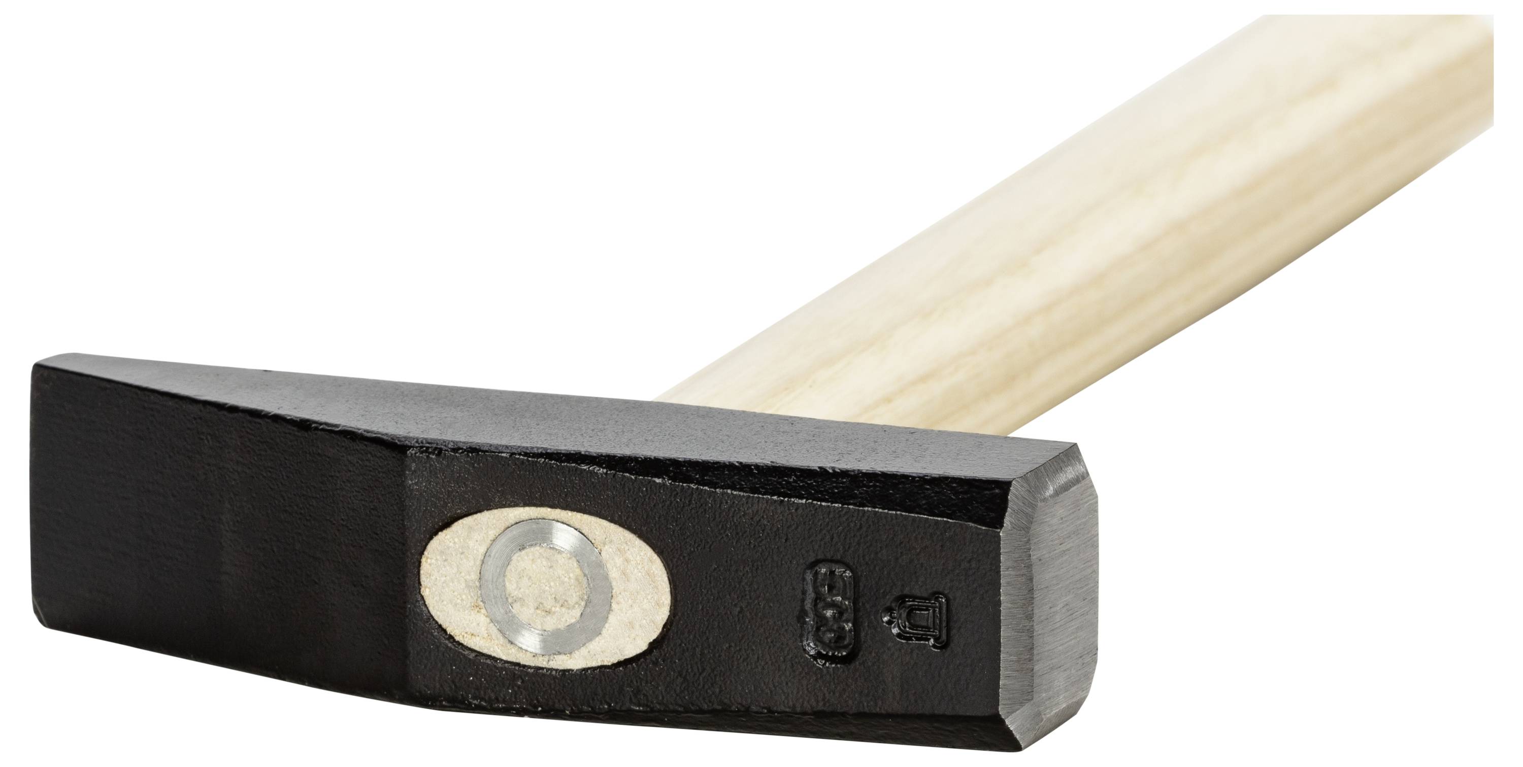 A black hammer with a wooden handle, showing the flat metal side facing upwards, on a white background.