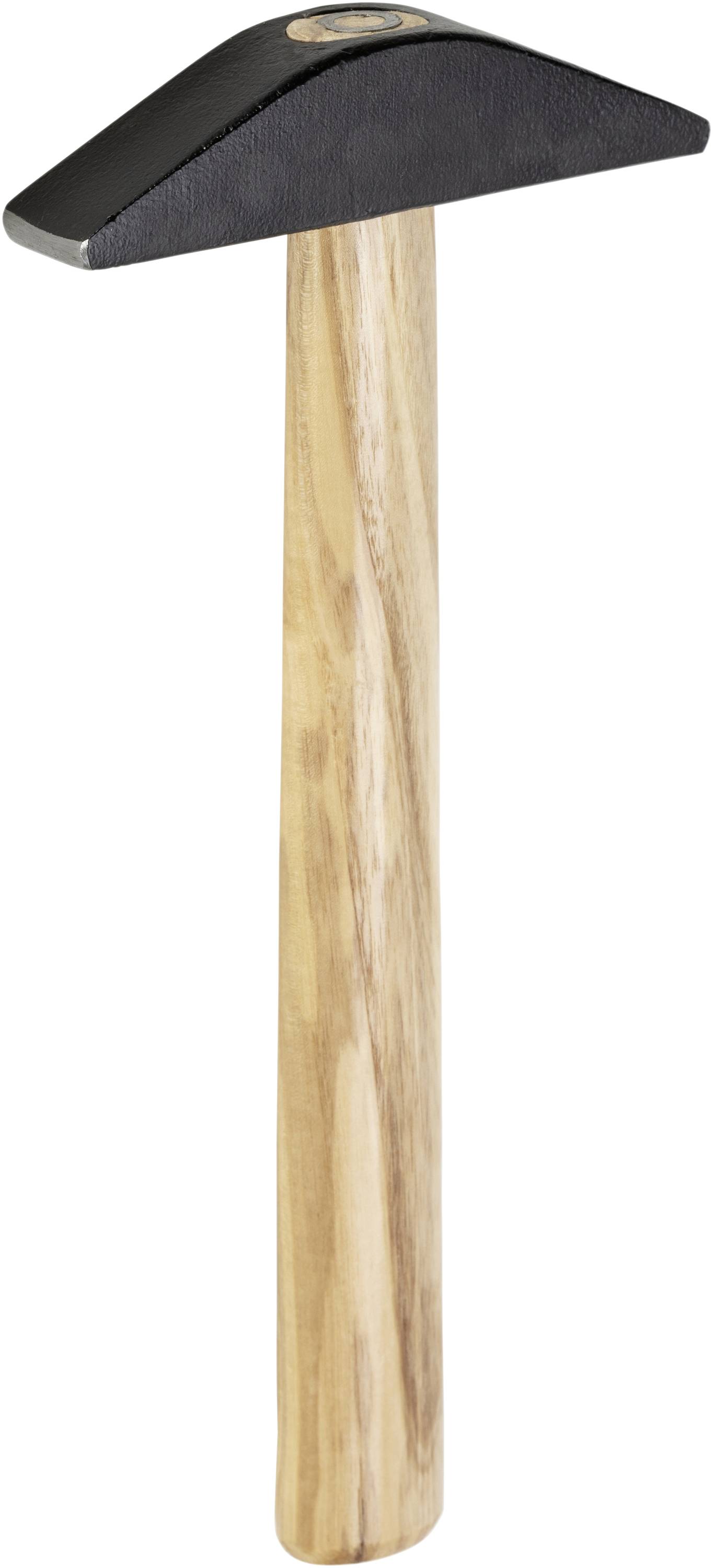 A hammer with a black metal head and wooden handle, standing upright.